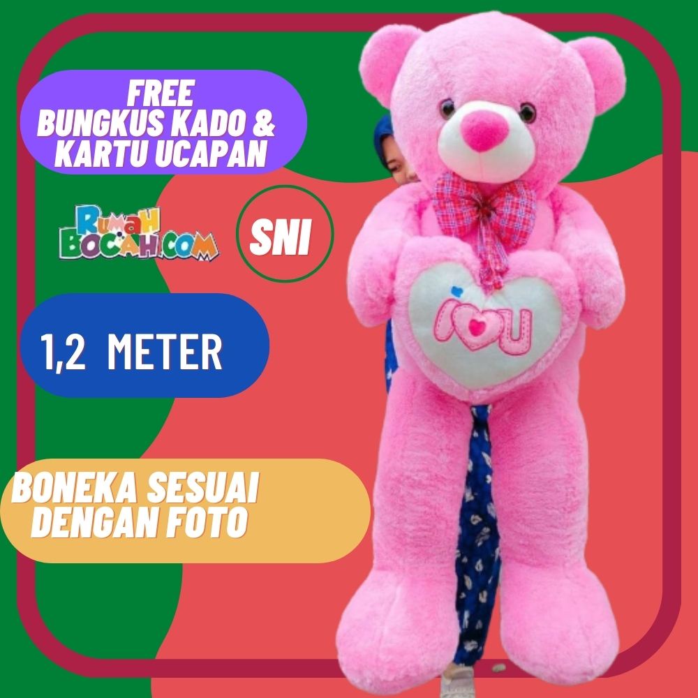 Boneka Beruang 1,2 m meter SNI Teddy Bear Beruang Jumbo Besar Smile Love Pink untuk Kado Ulang Tahun