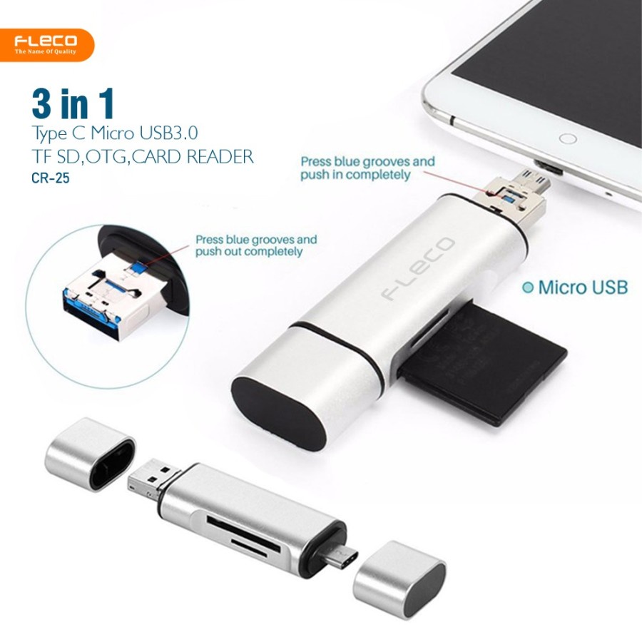 Fleco Card Reader USB Type-C USB 3.0 Micro USB &amp; SD CR-25 3IN1