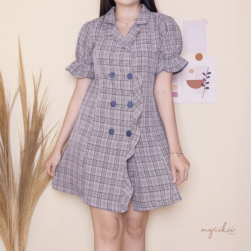 MyCikii Plaid Puffy Sleeve Dress / dress formal casual import korea / dress kotak-kotak lengan pende