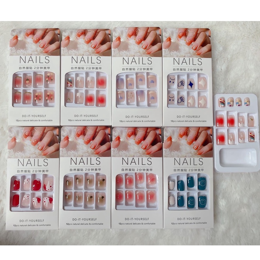 KUKU PALSU ANEKA MOTIF DAN WARNA PERBOX ISI 12 Kuku Palsu FREE LEM Motif Kartun Fake Nail Karakter Manicure Nail Stickers Wedding Pengantin Murah Import