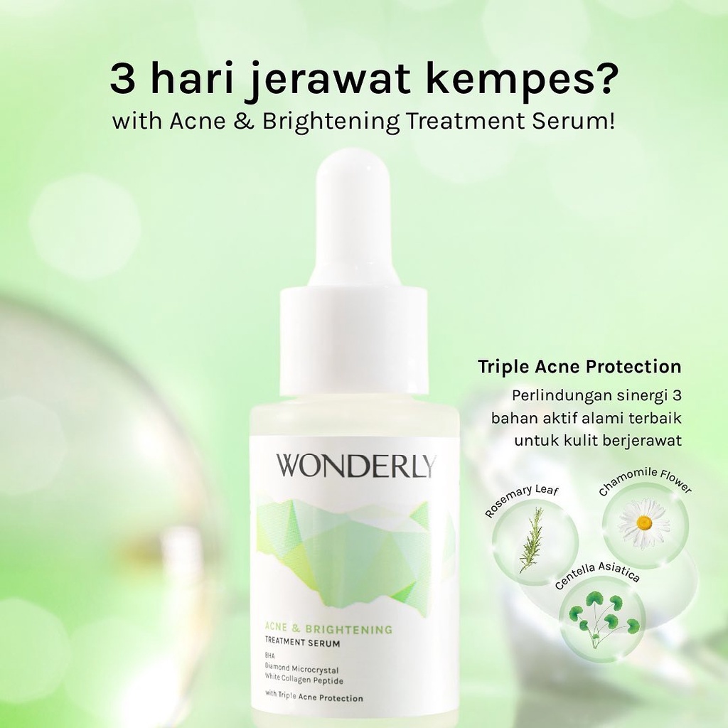 WONDERLY Acne &amp; Brightening Treatment Serum Indonesia / Serum Wajah 15ml / Acne &amp; Skin Redness Treatment Brighter Skin Looks / BHA Diamond Microcrystal &amp; White Collagen Peptide With Triple Acne Protection / Whitening Mencerahkan Berjerawat / Skincare Care