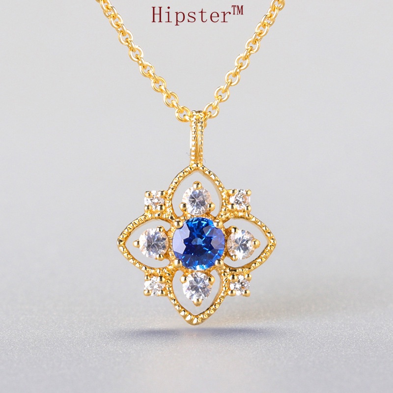 New Hollow Inlaid Diamond round Sapphire Pendant Necklace