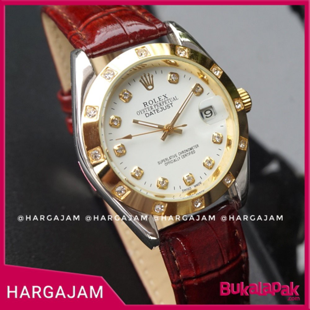 Jam Tangan Wanita Automatic Rolex R1003 Oyster Perpetual Leather Maroon (hargajam matic otomatis t