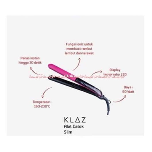 Klaz Straightener Hair Alat Catok Slim Alat Pelurus Rambut Praktis Black Pink Klas Catokan Rambut Klaz Slim Ionic &amp; Ceramic