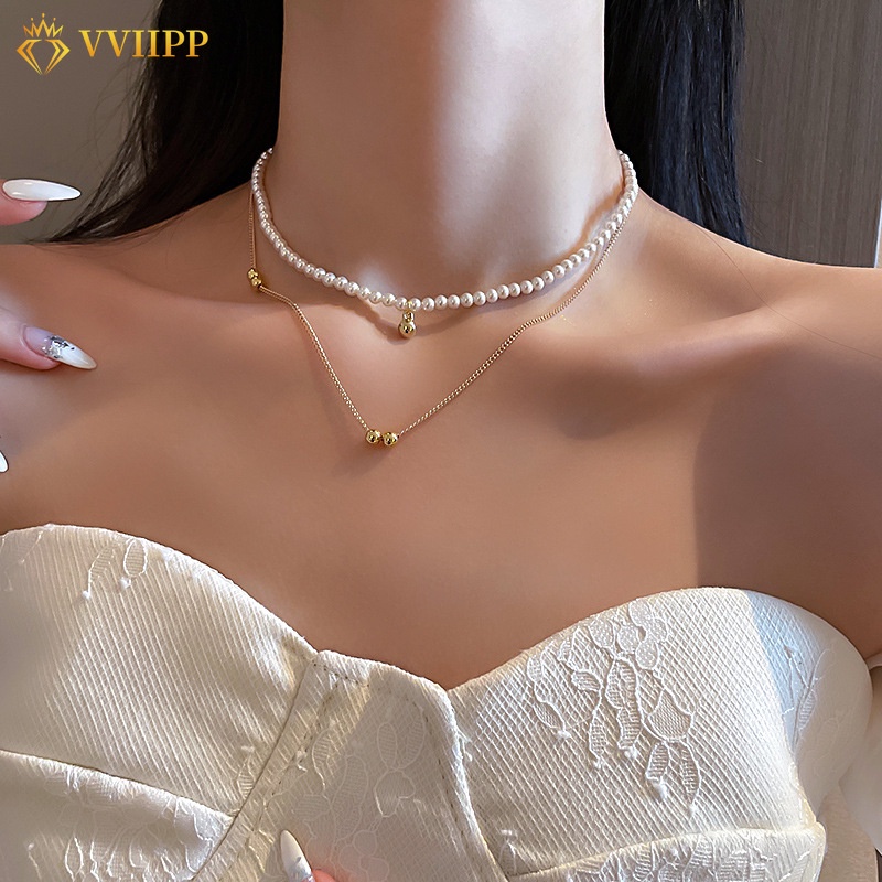 Kalung Choker Rantai Banyak Lapis Dengan Liontin Lonceng Aksen Mutiara Untuk Wanita