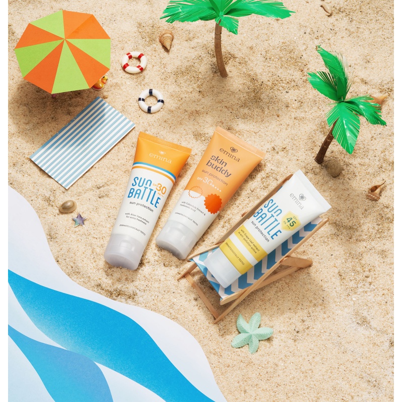 ORIGINAL Sunblock Emina Sun Battle Skin Buddy SPF 30 60ml | SPF 45 30ml | Fun Size 23ml Sun Protection Sunblock Wajah Dan Badan