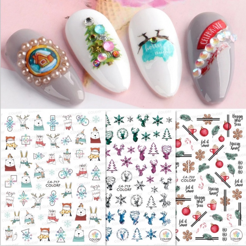 1 Sheet Pack Autumn Winter Christmas Nail Sticker / 3D Christmas Elk Santa Snowflake Paper Nails Stickers / Nail Decor Accessories