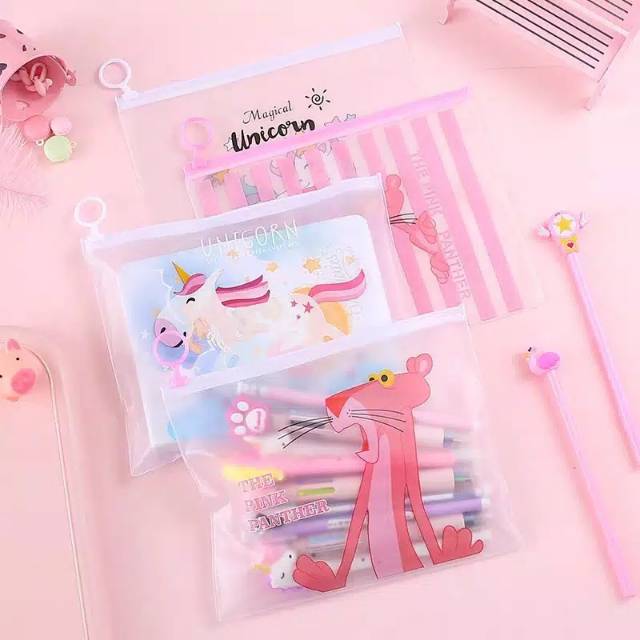 

Tempat Pensil Transparan Zipper Bag UNICORN PINK PANTHER