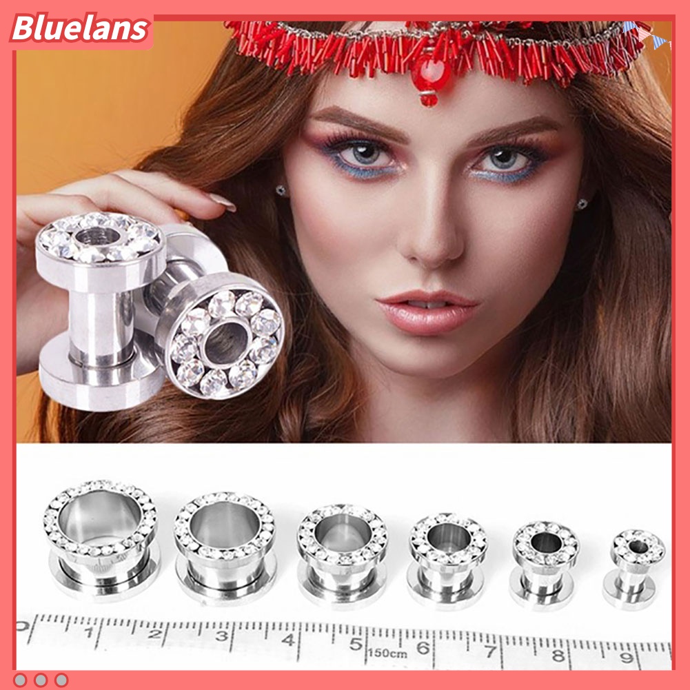 Bluelans 1 Pasang Ear Plug Tunnels Bahan Stainless Steel Aksen Berlian Imitasi
