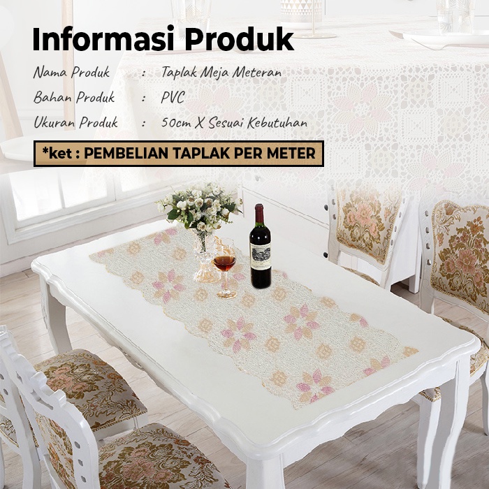 Taplak Meja Meteran Premium Motif Bunga High Quality Elegan PVC Tebal Dekorasi Rumah Ruang Tamu Ruang Makan Import - D21-W - 88Blanketstore