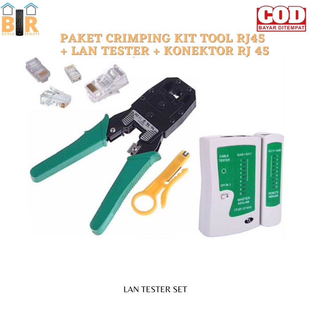 Paket CRIMPING KIT TOOL NETWORK TOOLS RJ45  + LAN TESTER + KONEKTOR RJ 45 + TANG CRIMPING PERALATAN JARINGAN