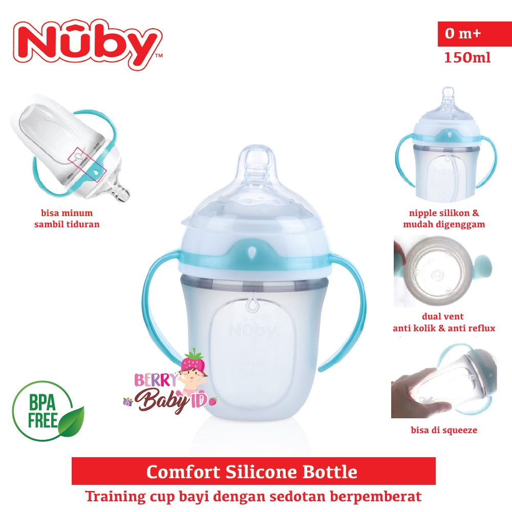 Nuby Comfort Silicone Slow Flow Bottle Botol Sedotan Bayi BPA Free 150ml 250ml Berry Mart