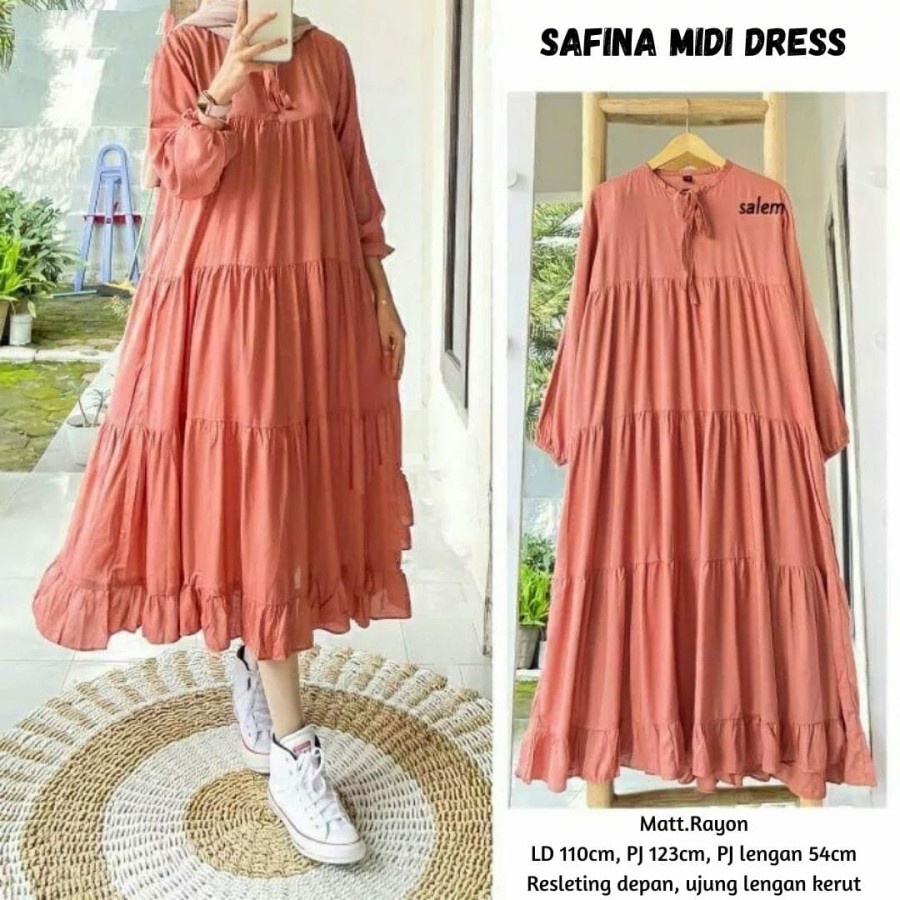 Gamis Dress Outfit Terbaru Terlaris SAFINA MIDI DRESS RAYON PREMIUM - salem peach