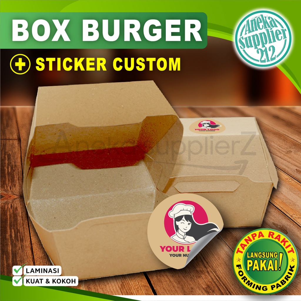 Paket Combo Box Kotak BURGER + Stiker Logo Custom (50 Set)
