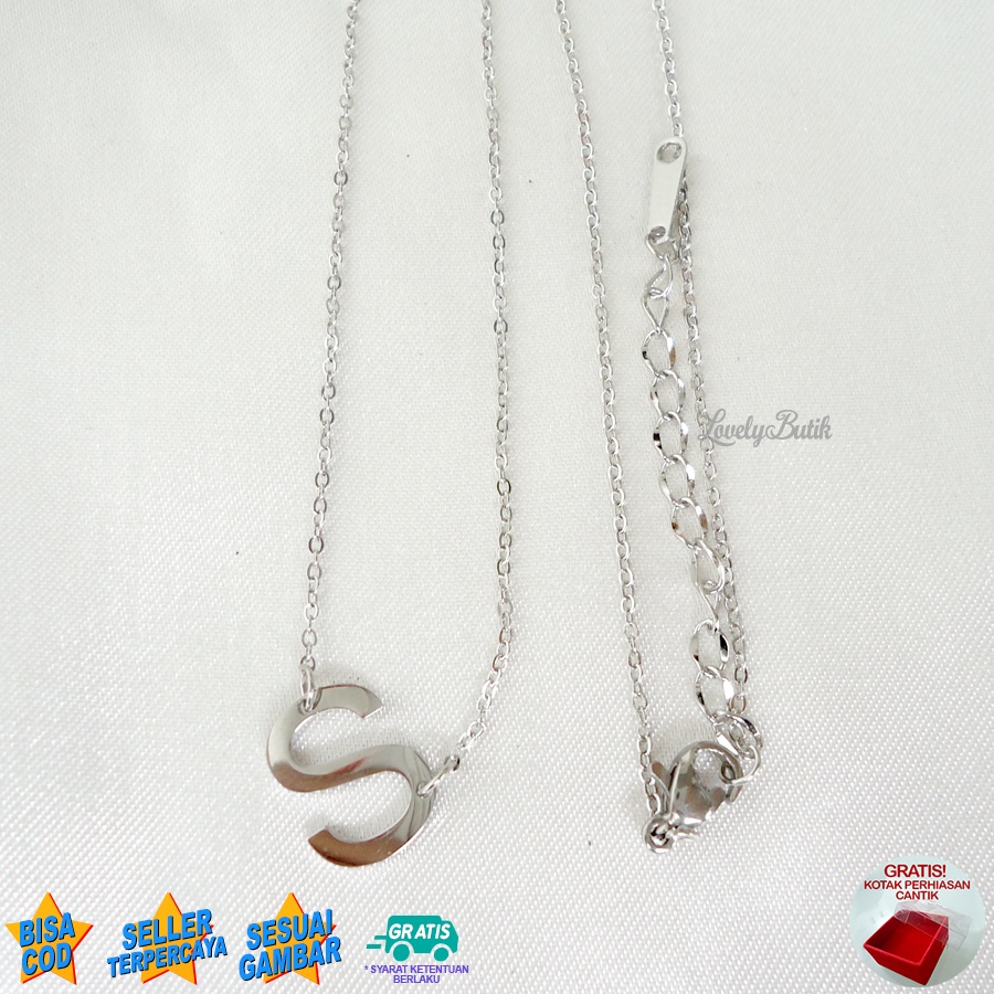 Lovelybutik Kalung Titanium Inisial Abjad L3tters Kalung Alfabet Huruf N,S Bahan Titanium Warna Silver Bonus Kotak Perhiasan