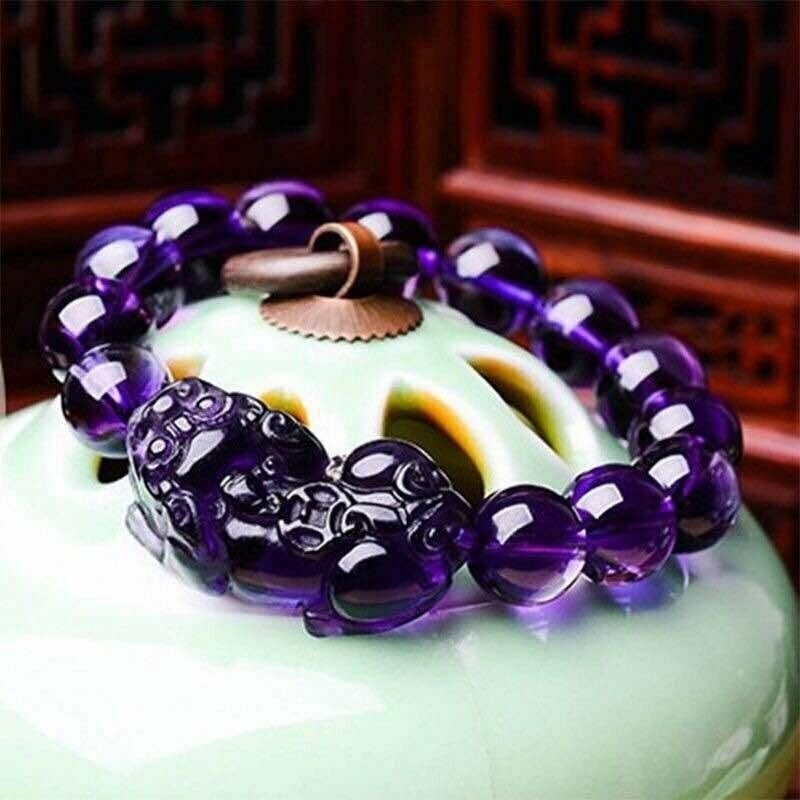 Feng Shui Purple Crystal Pixiu Bracelet Wealth Prosperity Mantra Bead Charms Hand Carved Jewelry Attract Good Luck