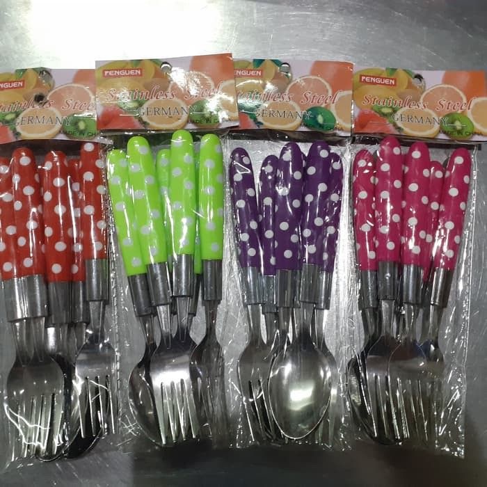 [COD] SENDOK DAN GARPU MAKAN MOTIF POLKADOT STAINLESS STELL -  ISI 6 PCS