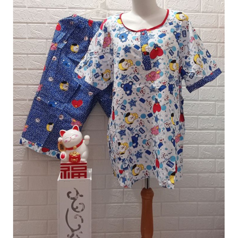 Baju Tidur Hoki Sheila XXL Jumbo Katun Wanita Celana 3/4 (BT21 BTS)
