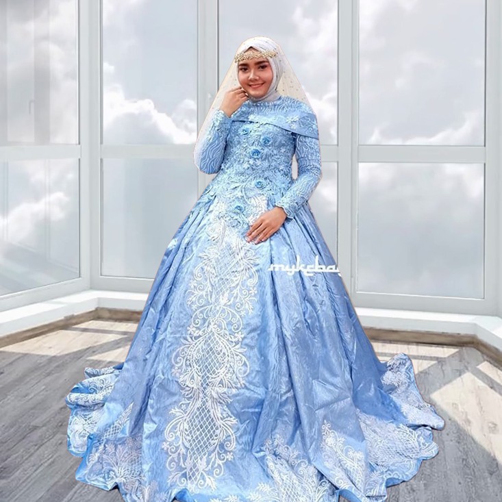 Gaun Pengantin Free Pettycoat Dan Manset Gaun Sablon Warna Baby Blue Shopee Indonesia
