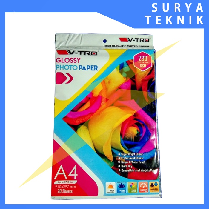 

V-TRO Glossy Kertas Photo230 gr / Kertas Photo 1 Set isi 20 Lembar