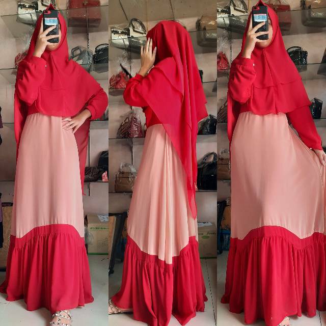 Big sale Gamis  Pesta Syari  Glamour Ceruty Babydoll 2Tone Impor set Khimar