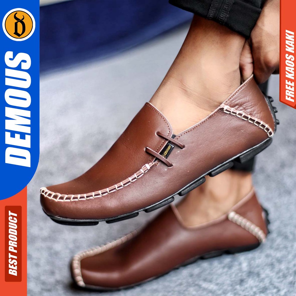 DEMOUS MOCCAS Sepatu Slip on Pria Santai Casual Formal Kulit Asli Kerja Kantor Kuliah Hitam-Coklat