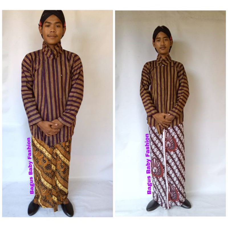 Baju Surjan Lurik Dewasa Warna Ungu Set Jarik Blangkon Adat Jawa