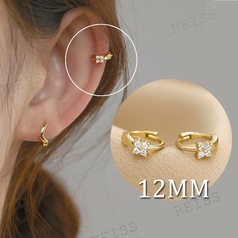 1 Pasang Anting Titanium Wanita 14K Anting Hoop Zirkon Mini berlapis Emas  1 Pasang Huggie Piercing Earings Cubic Zirconia Cartilage Earring Stud-6#Small Clover