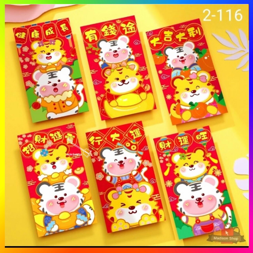 Angpao Imlek Angpau Amplop Imlek 1 SET ISI 6 PCS Angpao Shio Macan Kode 2 - 116 / 2 - 121 / 2 - 125 Ukuran 9 X 17 Amplop Panjang Angpao Macan Angpao Chinese Red Envelopes Angpao Imlek Amplop Kartun Angpao Pendek Tiger Lunar Envelope Amplop Merah Ampau