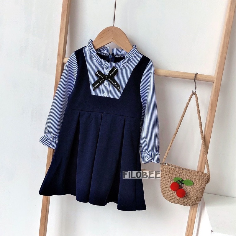 FILOBEE DRESS ANAK PEREMPUAN/DRESS KOMBINASI SALUR/PITA RENDA/NAVY SALUR