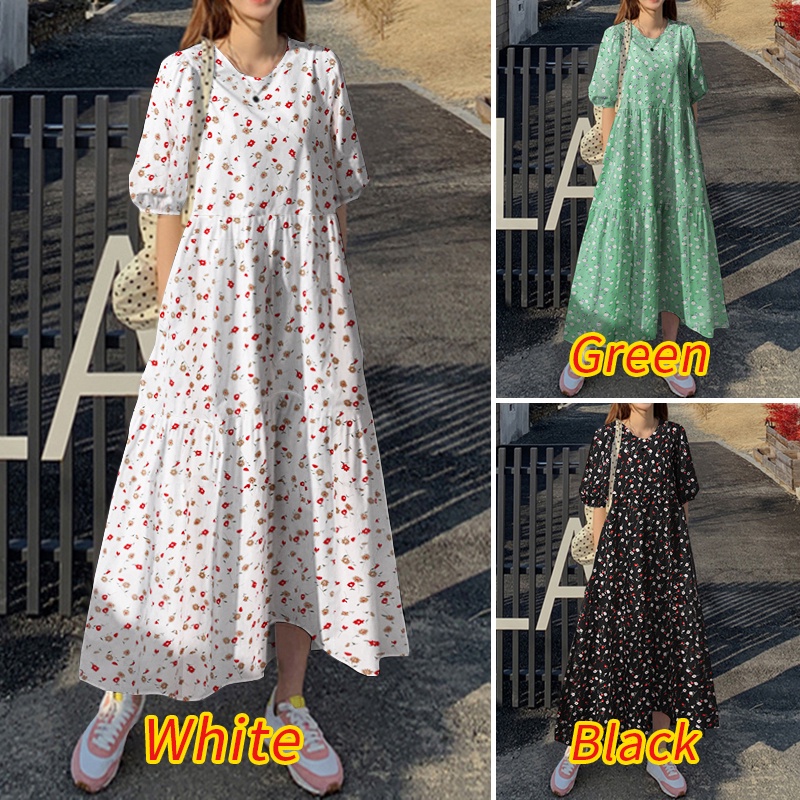 ZANZEA Women Ruffle Fashion Floral Printed Tiered Casual 3/4 Sleeve Loose Long Dress