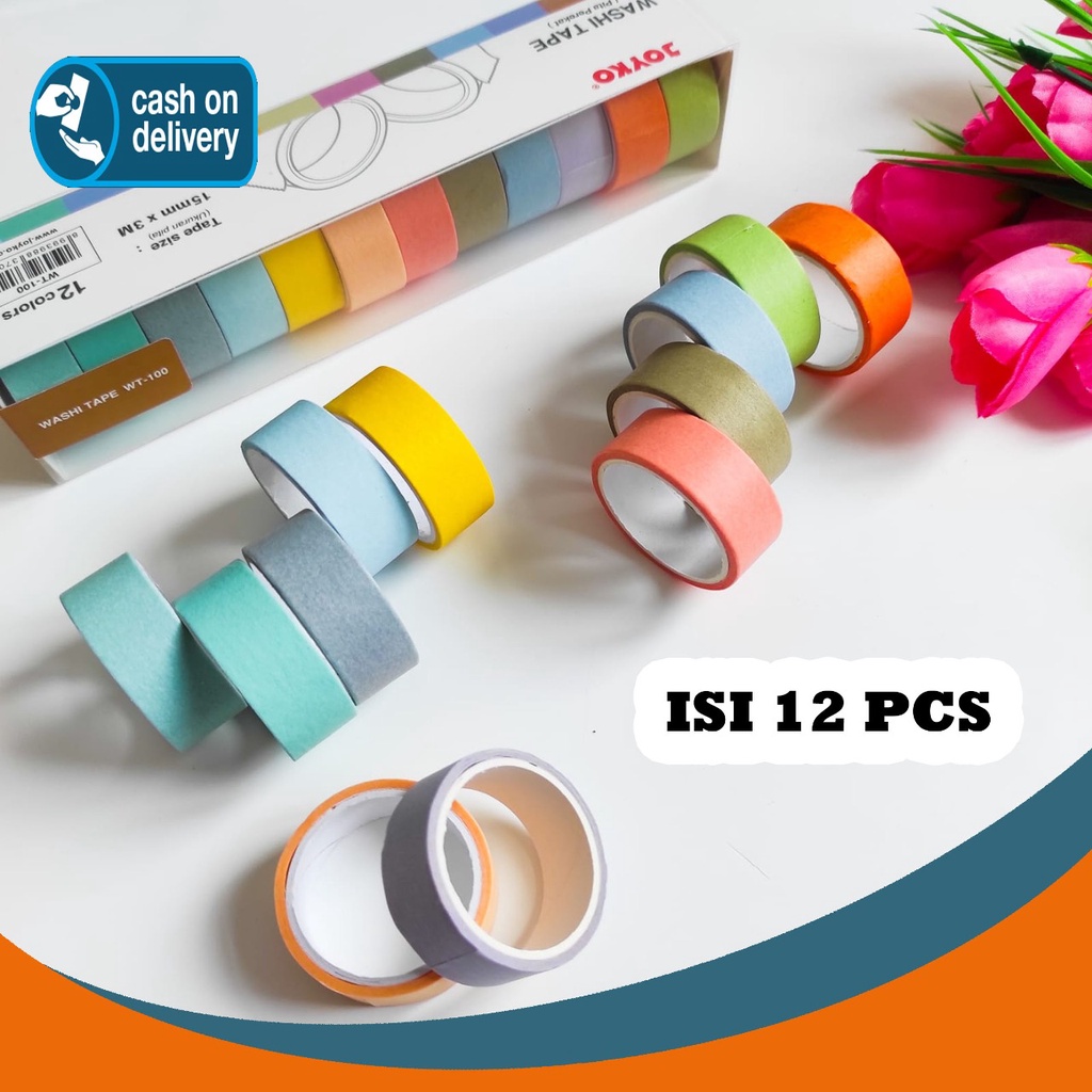 SOLATIP WASHI TAPE JOYKO 1 BOX ISI 12 PCS WARNA WARNI PASTEL LILAC PEACH WASHI TAPE KODE WT-100