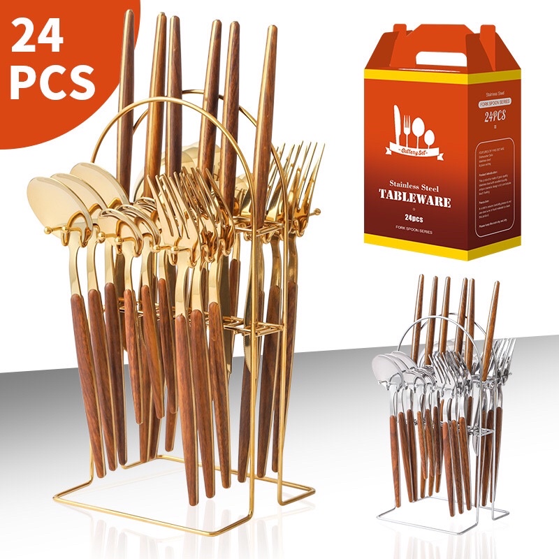Cutlery Set / Sendok Garpu Pisau Set Stainless Combi Kayu 24 Set