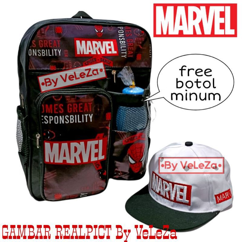 Tas ransel anak karakter Marvel gratis topi botol minum - tas anak