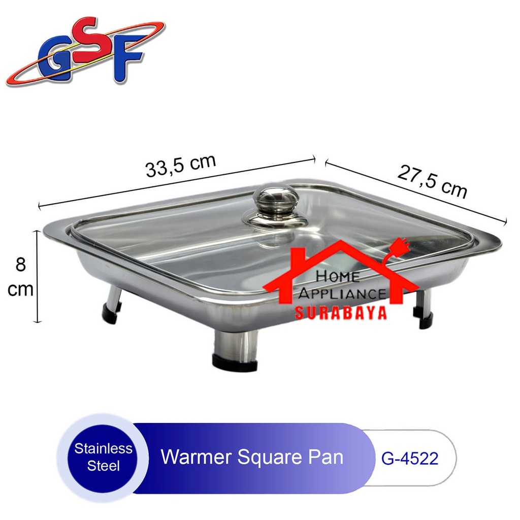 Panci Penghangat Prasmanan Wadah Saji - Tempat Makan Fast Food Dish - Warmer Square Pan Stainless Steel + Tutup Kaca Q2 8622 8828 / GSF 4522 4622 4428