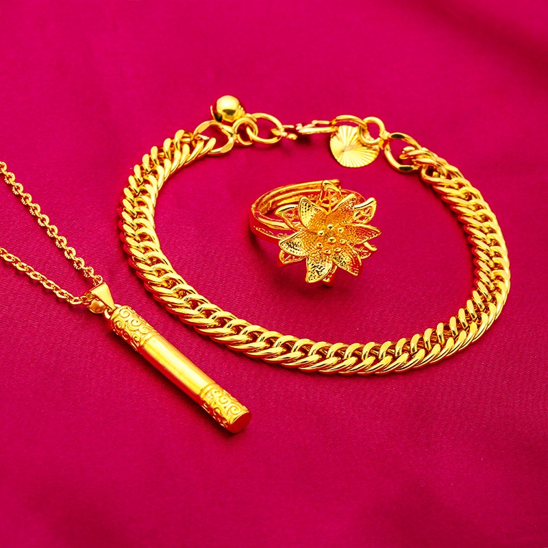 Set Perhiasan Cincin Gelang Kalung Emas Plated 24K Bentuk Bunga Teratai Dapat Disesuaikan Untuk Wanita