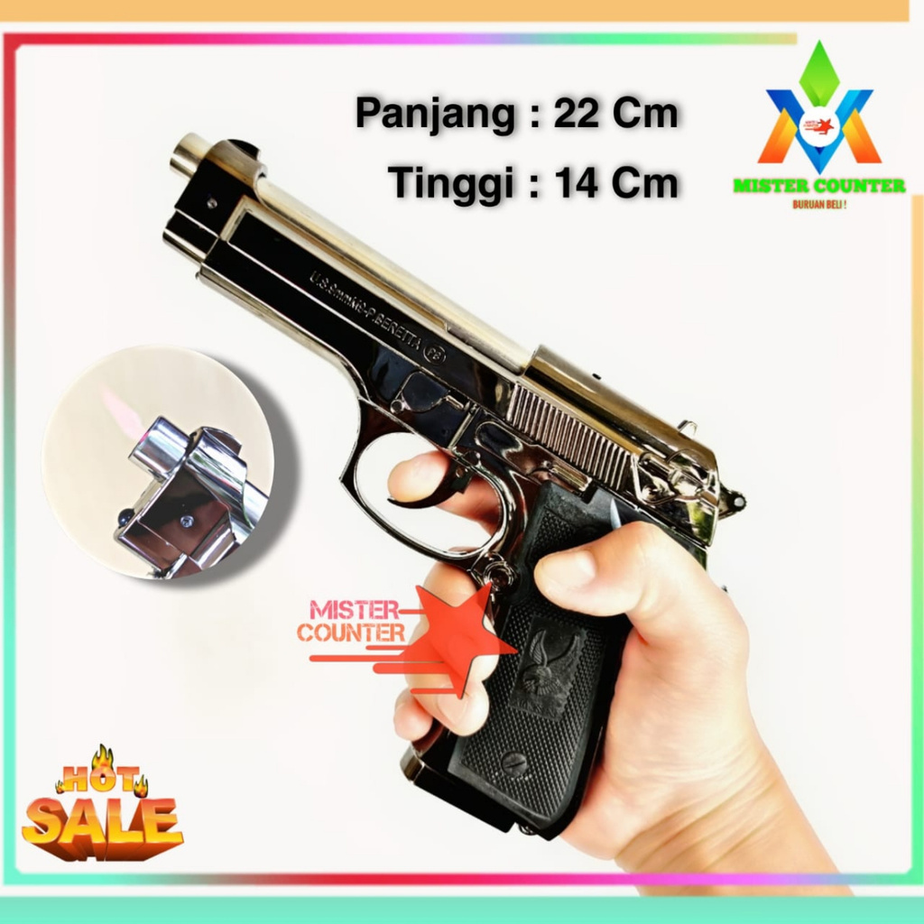 Korek Api Pistol Baretta Silver Plus Sarung dan Stand Pajangan