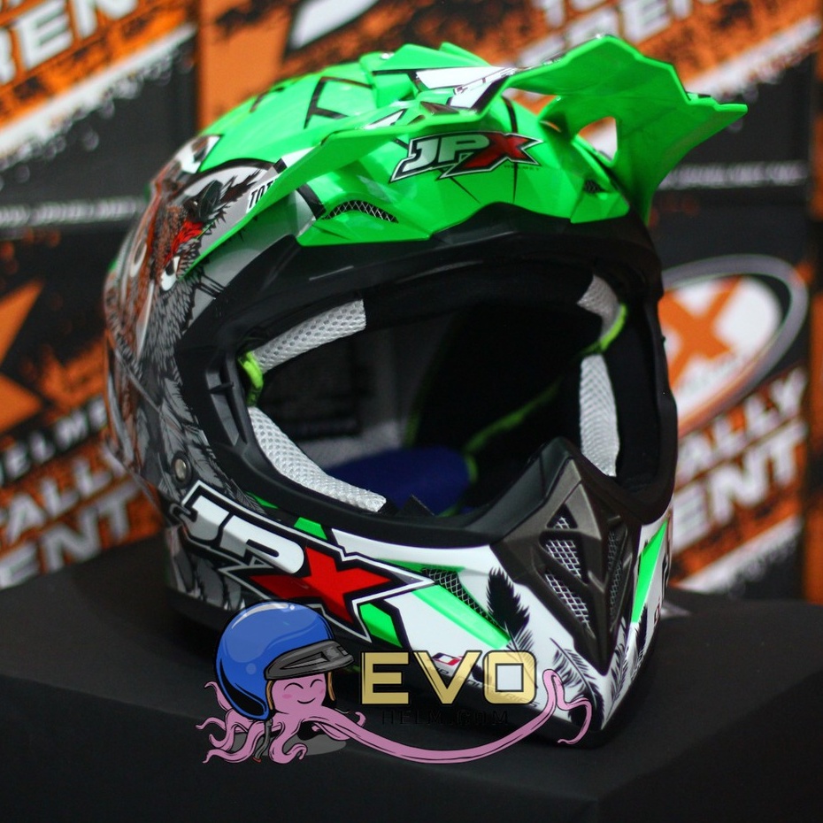 HELM JPX CROSS_FOX1 SERI X13 - FLUO GREEN GLOSS + GOOGLE SNAIL (ONGKIR 2 KG) JPX X13 OWL GREEN ORIGINAL HELM CROSS JPX MOTIF BURUNG HANTU JPX HIJAU