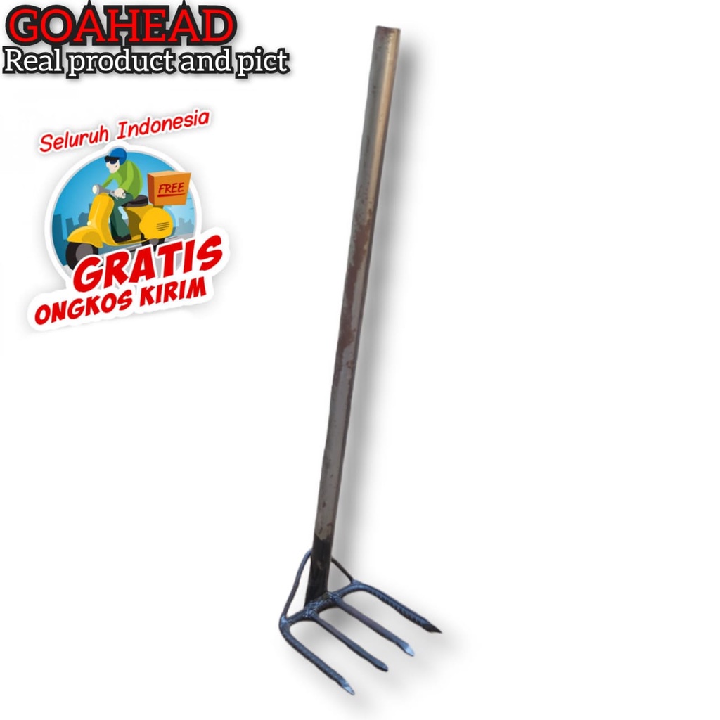 Garukan Sampah Gagang Besi Panjang - Garuk Sampah Daun Empat Mata Garpu - Garukan Garfu Sampah Got D