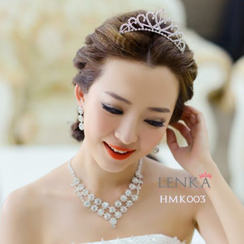 Paket Mahkota Kalung Anting Mutiara Aksesoris Wedding Modern Lenka - HMK003