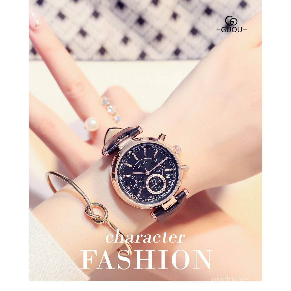 【Factory Outlet】GUOU Jam Tangan Wanita Fashion Amerika Guou Tiga Mata Multifungsi Jam Tangan Quar