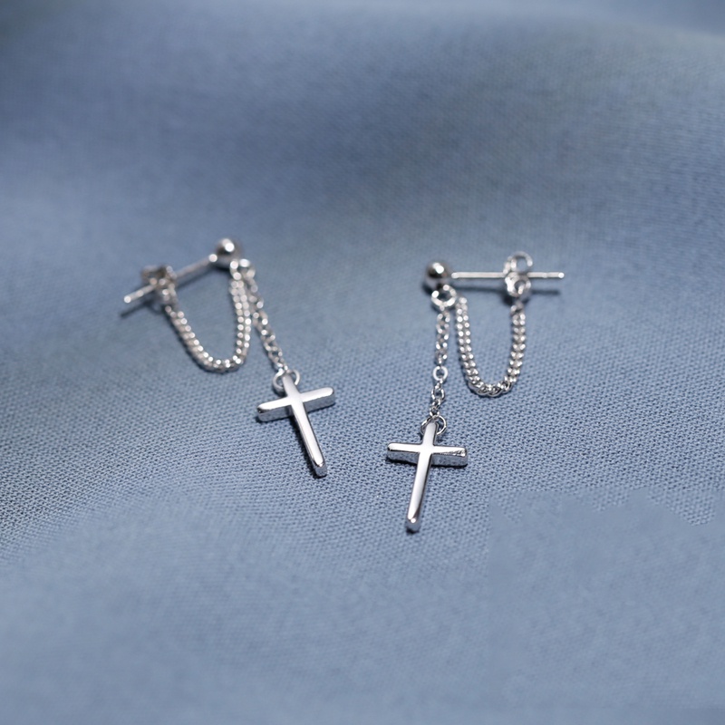 Roselife Silver Cross Tassel Chain Dangle Earrings for Women Fashion Ear Jewelry 1 Pair