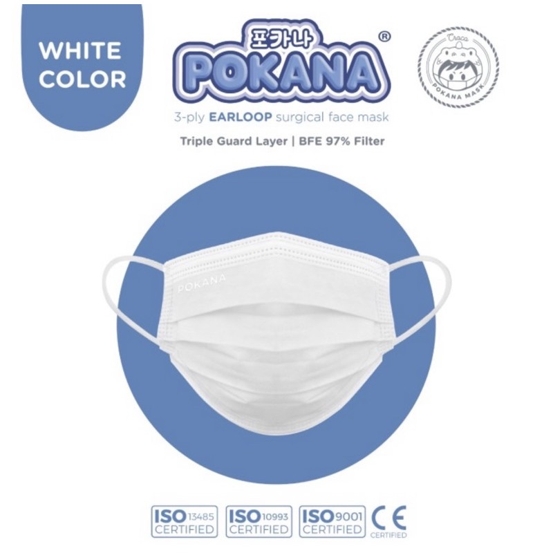 Masker Pokana 3ply earloop surgical face mask warna Putih