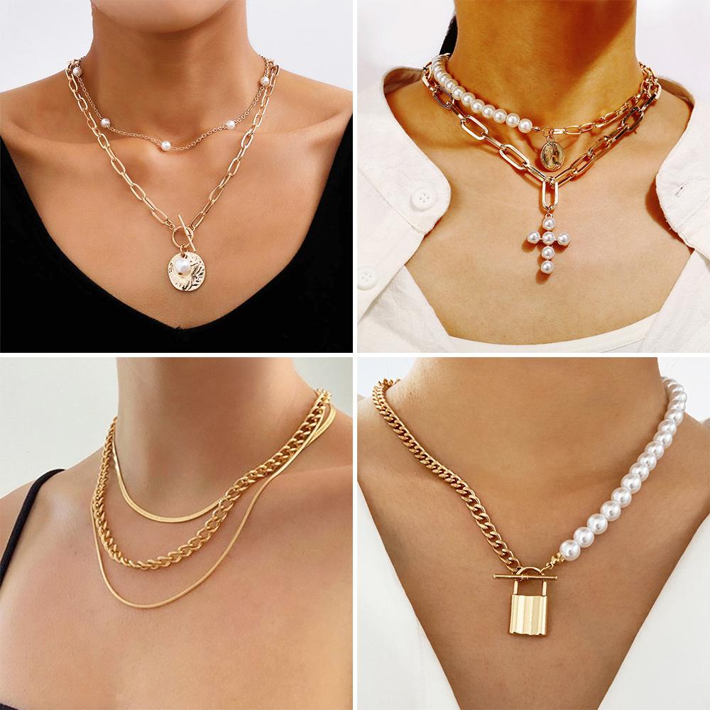 Nanas Multilayer Kalung Wanita Chunky Golden Coin Chain Choker