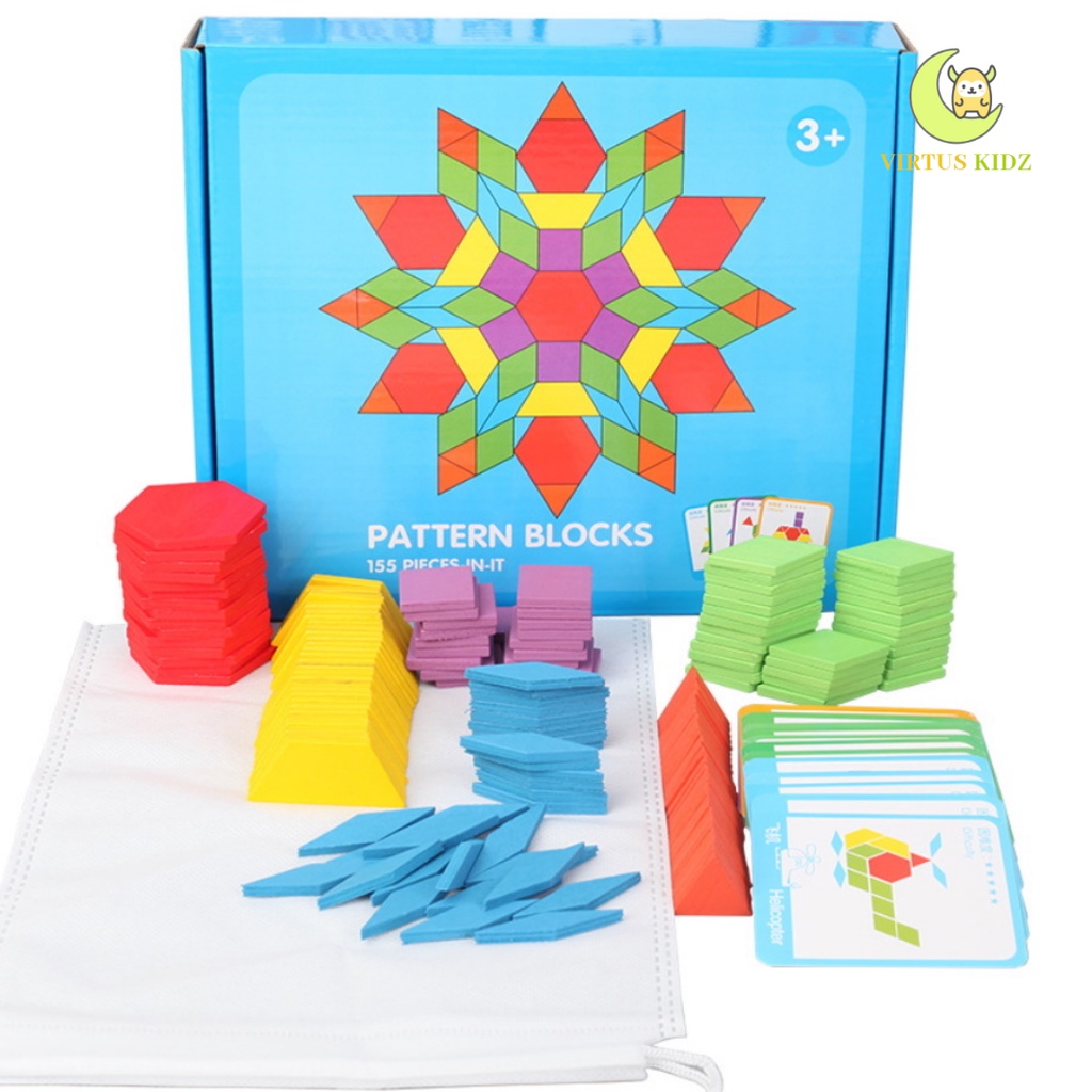 Mainan Pattern Blocks 155 Pcs / Mainan Anak Puzzle Kayu Berbentuk / Mainan Balok Kayu
