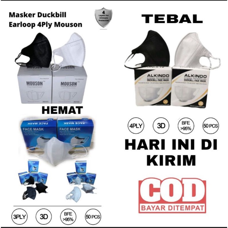 MASKER DUCKBILL ALKINDO 3PLY WARNA WARNI ADULT FACE MASK 3PLY BFE 95% REPACK 10PCS 3PLY  ECERAN