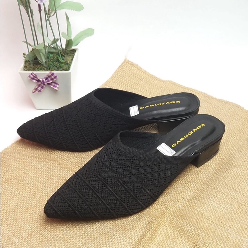 Kayzineva Sepatu Wanita Slip On Mules Rajut Import Hak 3cm