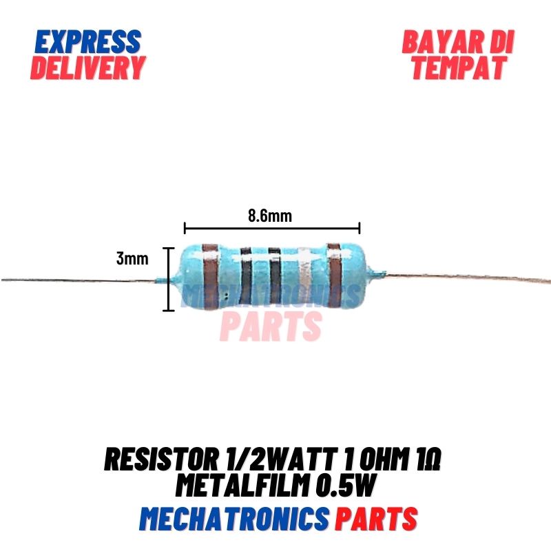 5 Buah Resistor 1/2Watt 1 Ohm 1Ω Metalfilm 0.5W