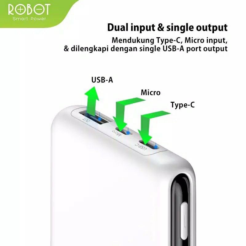 (Vroff Store) Original PowerBank ROBOT 10000mAh RT180 RT 180 PB Dual Input Port Type C &amp; Micro USB 1 Output