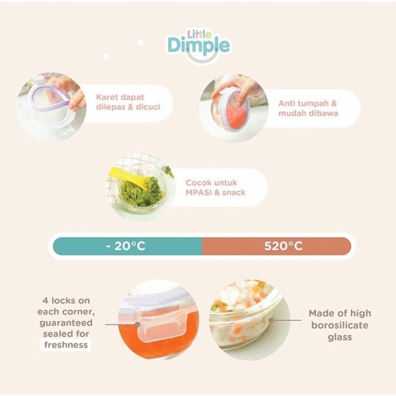 [FREE BUBBLE] Little Dimple Food Container 240ml Wadah Tempat Simpan Makan MPASI Bayi Kaca + Penggaris Ukur Anti Tumpah Aman KUKUSAN